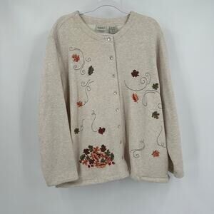 Womens Cozy Embroidered Fleece Jacket Size 20/22W Fall Leaves Floral Cottagecore